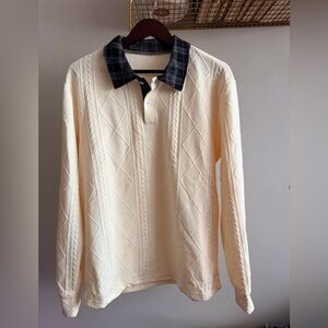 Textured Cream Long Sleeve Polo with Plaid Collar – Modern Casual Style